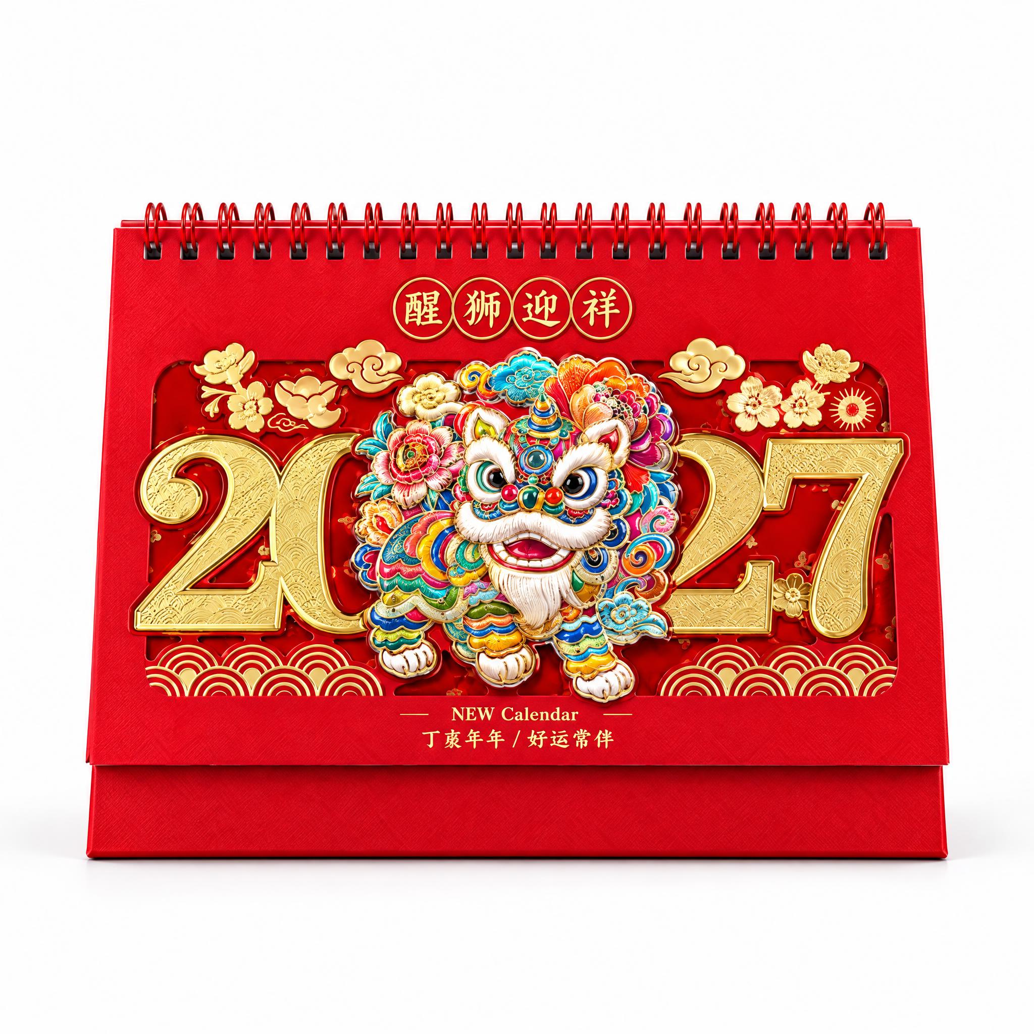 产品精修，从这张四宫格图中提取醒狮迎祥款台历，生成纯白背景白底… - 图片创意预览