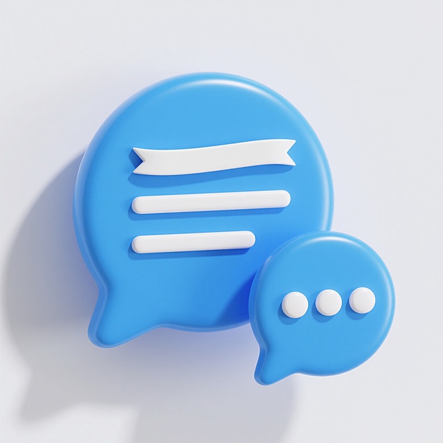 白色背景上，两个立体的蓝色对话气泡图标，左侧较大气泡内有三条水平排列的白色缎带装饰，右侧较小气泡内有三个水平排列的白色圆形按钮，整体呈现光滑圆润的3D塑料质感，光影柔和，高光自然分布在气泡顶部边缘，营造出简洁、现代、友好的科技通讯氛围。
