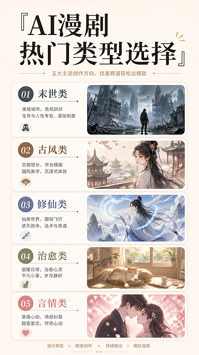 简约知识分享小红书图文，浅米色背景，标题大字：AI漫剧热门类型选择，内容展示五种主流创作类型：末世类、古风类、修仙类、治愈类、言情类，每个类型配对应风格参考图，无水印无错别字，竖版排版清晰，适合小红书发布