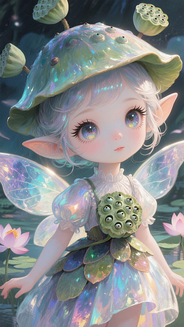 莲蓬精灵，大眼睛闪烁着神秘的幽光，睫毛如梦幻般的丝线，空灵与奇幻。脸颊泛着淡淡的光晕，莲蓬壳拼接的裙子散发着柔和的光芒，与头顶的莲蓬帽子相互辉映