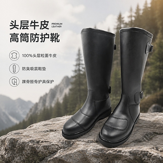 [单张主图] 头层牛皮高筒防护骑士靴，高级氛围感主图，呈现专业品质户外防护靴商品。
[画面主体] 黑色高筒靴一双居中放置，产品占画面约50%，保持产品外观物理结构、材质质感、颜色与输入产品图绝对一致，杜绝任何变形和色差，精细化处理皮面纹理和车线细节。
[构图版式] 采用左文右物场景型，左侧大面积留白，产品放大放置在右侧。
[场景元素] 产品放置在浅灰色天然岩石台面上，背景为虚化的户外山野树林，营造轻户外专业质感，点缀少量浅棕色自然光影，放置三个简约线框功能图标，无多余道具抢主体。
[文案版式] 左上留白区左对齐排版：
主标题大字分行：头层牛皮
高筒防护靴
下方三个短句卖点分行：
100%头层粒面牛皮
防臭吸震鞋垫
踝骨胫骨护具保护
主标题旁叠加一个小字英文装饰 "PREMIUM LEATHER"
三个卖点前各配简约线框防护、鞋垫、护具图标。
所有文字不遮挡产品主体，留足安全边距。
[光影质感] 自然侧光为主光，柔和均匀打亮皮面，呈现牛皮自然哑光质感，岩石台面留下自然投影，背景树林虚化浅景深，突出靴子主体；整体光影通透，产品细节清晰真实，高级商业摄影质感。
[配色字体] 主色调低饱和深灰黑，辅助色浅灰岩石纹理，强调色深棕牛皮本色；字体采用轻无衬线，主标题字重偏粗，卖点文字字重较轻，字号对比清晰，深灰色文字与浅色背景形成强对比。
[比例分辨率] 1:1 比例，2048px * 2048px 分辨率，文字清晰锐利，超高清画质。
[负向提示词] 变形，文字错乱，产品图模糊，背景杂乱，水印，电商平台Logo，错字，主体遮挡，低清晰度，错误结构