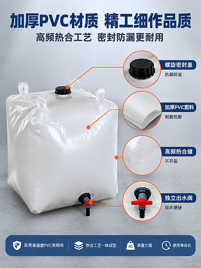 [商品] 使用【图2】【图7】白色方形配重水袋侧面及俯视图；保留方形外观、白色PVC材质、黑色螺旋注水盖、四角绑带环、底部出水阀、高频热合缝线；产品外观与原图完全一致，不做改动。
[画面] 第4张 结构材质证明，目标展示加厚PVC与密封结构工艺。爆炸剖面型，左侧放置白色方形水袋侧面视角（占画面约50%），右侧用引线标注指向4个关键结构部位，每个部位配局部放大圆框展示细节：1.顶部螺旋密封盖（放大展示螺纹密封结构）2.加厚PVC面料（放大展示面料厚度与纹理）3.高频热合接缝（放大展示焊接工艺细节）4.底部独立出水阀（放大展示阀门结构）。上方主标题，底部材质说明。
[视觉] 套系策略：风格=国内电商五金建材专业工业风；标题字=粗黑体厚重有力；正文字=简洁无衬线体；主色=深蓝色；背景延展=浅灰渐变工业质感底；强调色=橙色，仅用于放大圆框边框和引线端点；标题色=深蓝色；正文色=深灰色；组件=细线引线、橙色放大圆框、结构标注卡；光影=柔和棚拍光，突出材质厚度和结构细节，水袋PVC质感真实。
[文字] 顶部主标题"加厚PVC材质 精工细作品质"大号粗黑体；副标题"高频热合工艺 密封防漏更耐用"中号；4条引线标注文字：螺旋密封盖 防漏防溢、加厚PVC面料 耐磨抗撕、高频热合缝 不开裂、独立出水阀 排水便捷；底部说明文字：采用高强度PVC夹网布 热合工艺一体成型 承重力强 使用寿命长。文字全部横排。
[规格] 图片比例3:4竖版，4K，避免变形、错字、文字过小、水袋颜色改变、结构失真、平台Logo、水印。