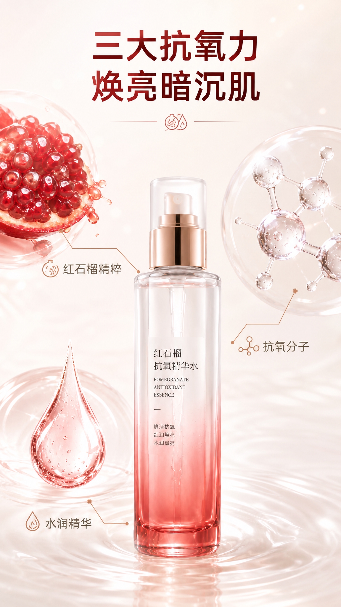 [主图-2] 核心功效成分解析，红石榴抗氧精华水成分环绕展示。… - 图片创意预览