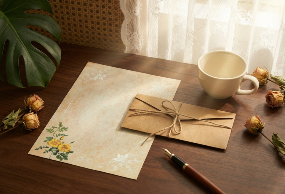保持牛皮信封和复古信纸的材质、颜色、图案与物理结构绝对不变，信封放在右侧，信纸展开在左侧，信封自然叠放在信纸上，严禁扭曲变形
放置在深棕色实木桌面，场景为复古欧式书房窗台，背景是半透明白色蕾丝窗帘，拉预览效果