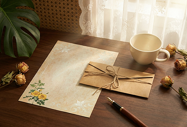 保持牛皮信封和复古信纸的材质、颜色、图案与物理结构绝对不变，信封放在右侧，信纸展开在左侧，信封自然叠放在信纸上，严禁扭曲变形
放置在深棕色实木桌面，场景为复古欧式书房窗台，背景是半透明白色蕾丝窗帘，拉开景深，藤编质感背景
暖金色午后阳光透过窗帘形成柔和丁达尔光斑，柔和自然光，低对比度，阴影极淡柔和，画面明亮干净
45度斜俯拍，三分法构图
点缀复古干玫瑰花、米白色咖啡杯、复古钢笔，角落放龟背竹叶片，打破单调
8K高清，索尼A6700实拍质感，暖系复古胶片色调，商业电商摄影，种草氛围感，严格锁定宽高比为16:11