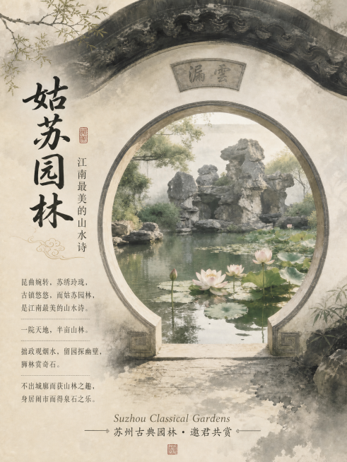 在原海报落款上方添加一行苏州园林的英文副标题：Suzhou Classical Gardens，保持整体国风雅致风格，文字排版协调，不改变原有画面和内容预览效果
