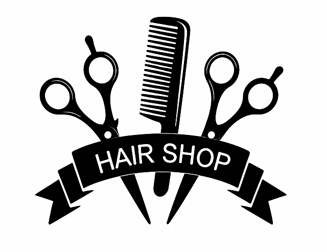 参考图片风格，重新生成理发店logo，包含两把剪刀、梳子和飘带文字HAIR SHOP，保持黑白极简剪影风格