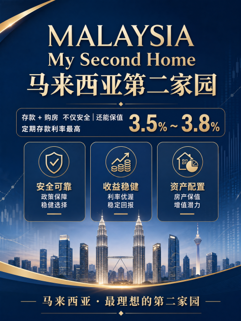 大标题：
MALAYSIA
My Second Home
马来西亚第二家园

副标：
存款 + 购房
不仅安全 | 还能保值
3.5% ~ 3.8%
定期存款利率最高

三个小点（需要小图标点缀）
1预览效果