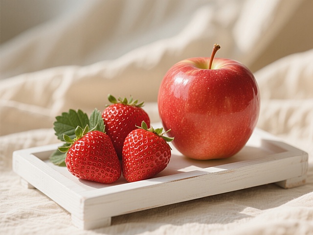 清新草莓与苹果，简约木质托盘，柔和自然光，营造温馨日常氛围。