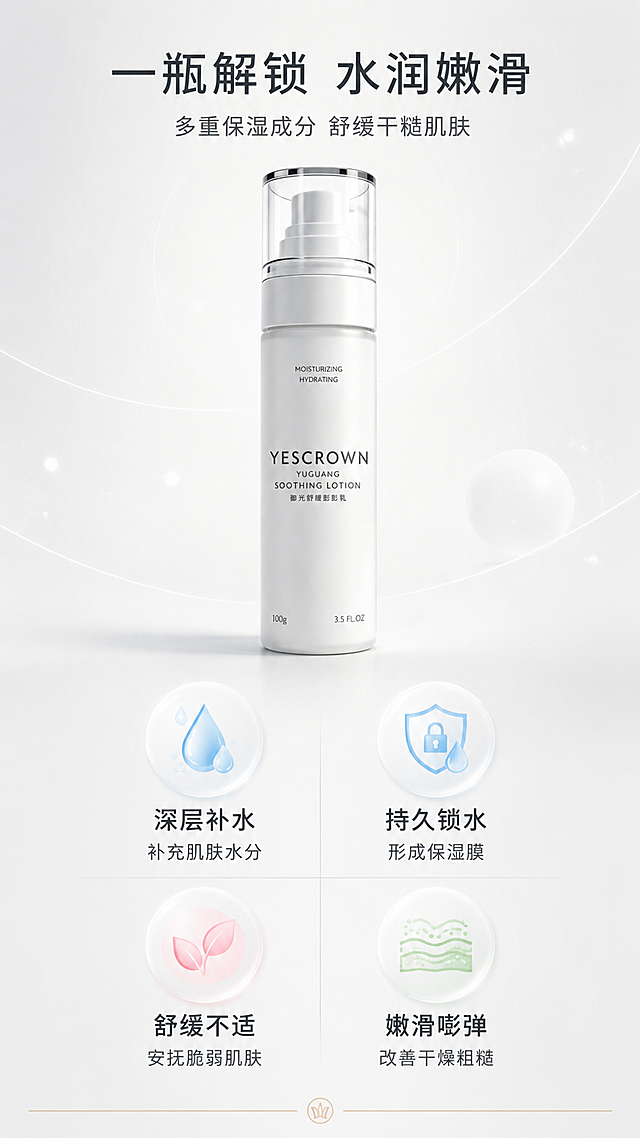 展示YESCROWN御光舒缓修护乳，主打多重保湿成分，强调深层补水、持久锁水、舒缓不适和嫩滑嘭弹功效，适合干性肌肤护理宣传使用