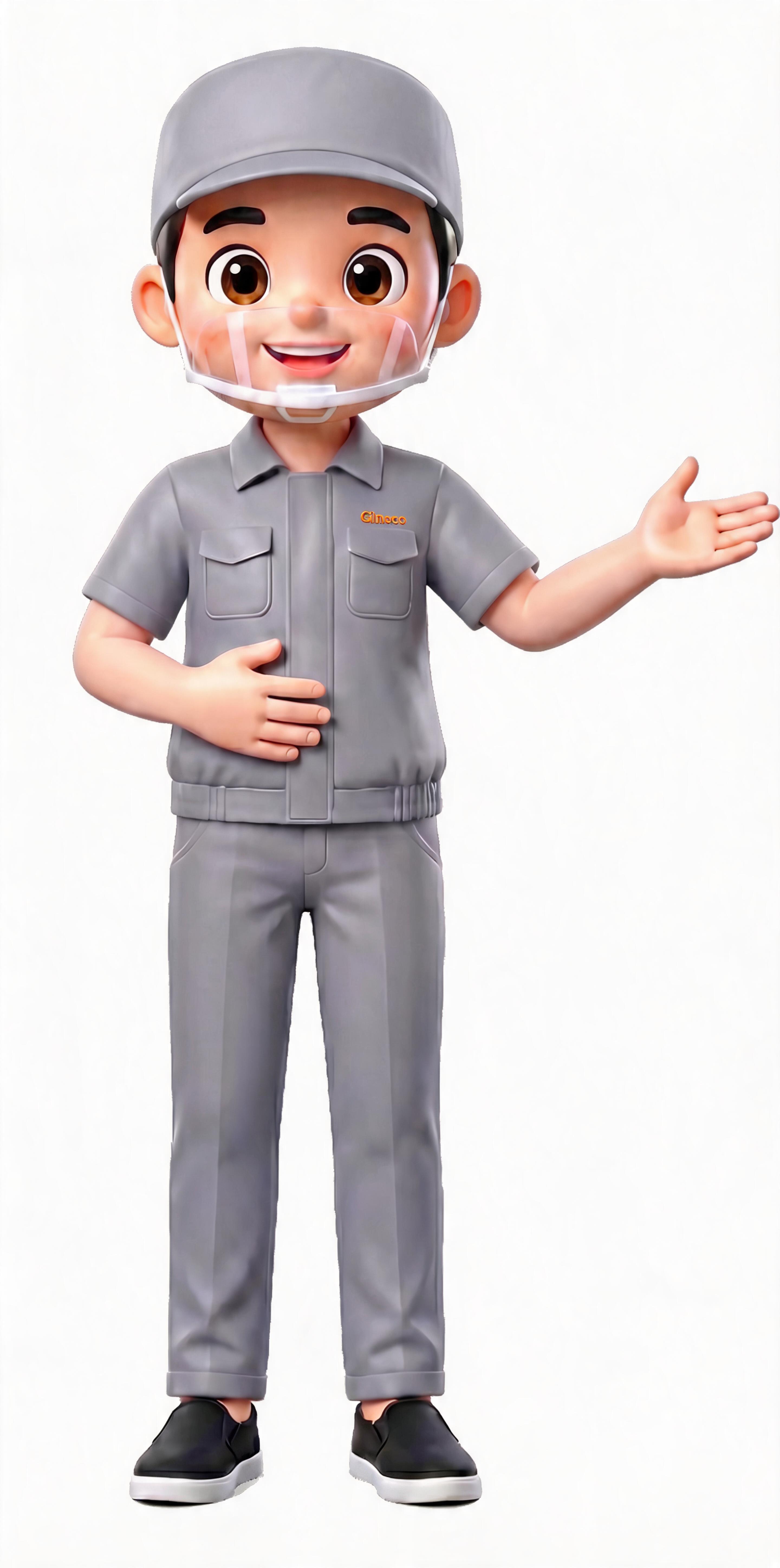 保留原3D卡通男性的主体特征，穿着灰色工装和灰色帽子，佩戴透明… - 图片创意预览