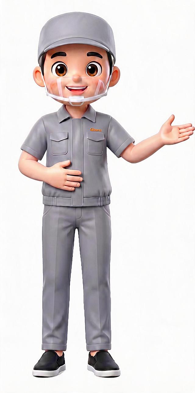 保留原3D卡通男性的主体特征，穿着灰色工装和灰色帽子，佩戴透明防护面罩，鞋子保持黑色，使用横摆式标准礼仪姿势，姿势为手臂展开120度，另一只手放在腹部，纯白色背景，全身图，4K高清