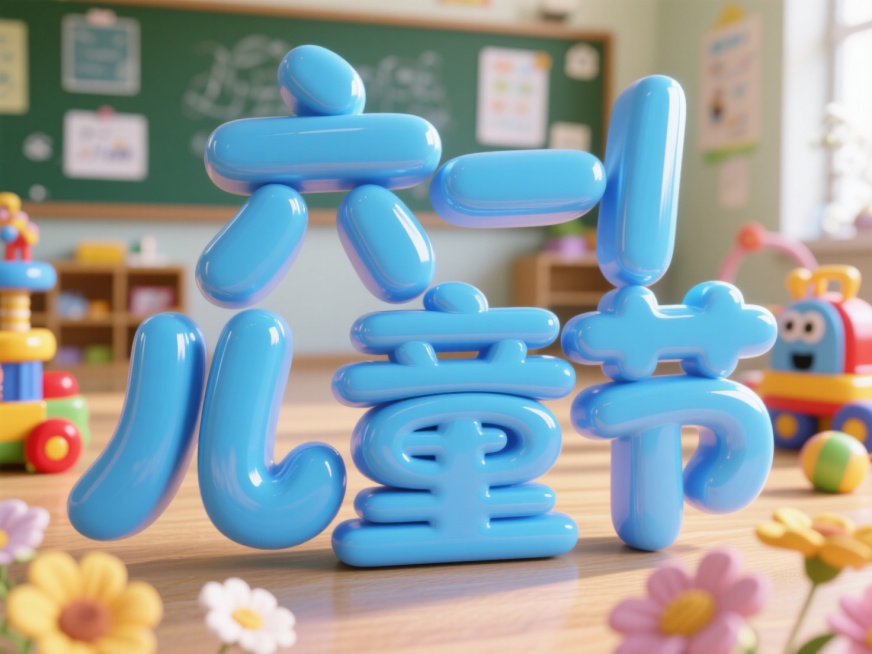 正面视角，3D文字，文字内容为“六一儿童节“，色系为蓝色，背景有玩具、鲜花等元素装饰，场景为学校预览效果