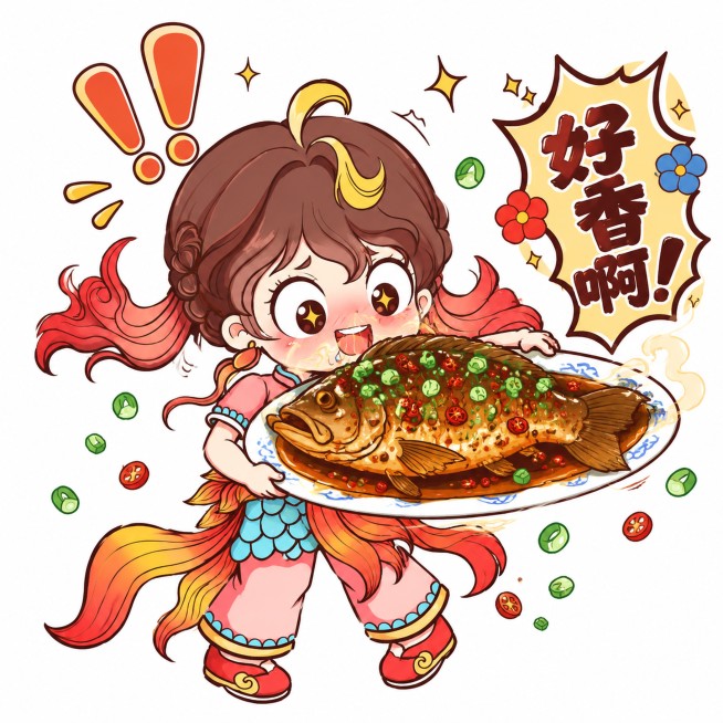 徽州鱼灯IP小女孩，棕色双马尾带红色发尾，头顶有新月发饰，身穿粉色中式短袖和灯笼裤，腰间有青蓝色鳞片装饰，双手捧着一盘巨大的徽州臭鳜鱼，头上冒出巨大的惊叹号和闪亮星星。她鼻子凑近鱼，眼睛瞪得像铜铃，脸预览效果