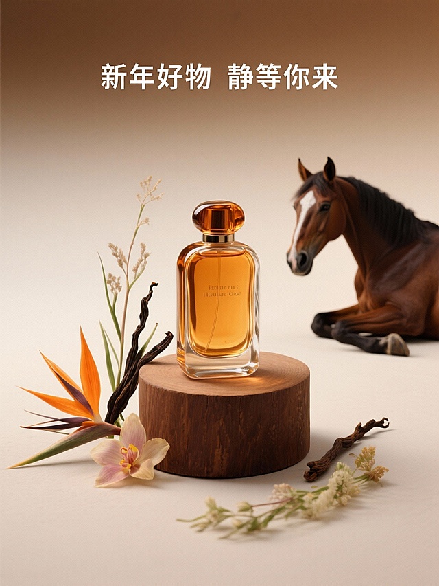 琥珀色香水特写，放在圆润的棕色原木块上，环绕着异国情调的香草和鲜花，背景是柔和的棕色渐变背景，在背景加入一个马趴在附近（看着镜头，很安静），上方加“新年好物 静等你来”