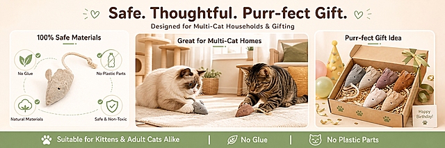 [商品] 使用【图1】手工布老鼠猫玩具；保留所有颜色和造型；在礼物场景和多猫场景中自然出现。
[画面] 安全与礼赠收口图，目标是传递产品安全可靠、适合多猫家庭、是理想宠物礼物的信息。采用左中右三栏式构图。左栏：安全认证区 — 一只布老鼠居中，周围环绕四个圆形安全图标（无胶水、无塑料部件、天然材料、安全无毒），图标为绿色勾号样式，背景纯净。中栏：多猫家庭场景 — 温馨的客厅地毯上，两只不同品种的猫咪（一只布偶、一只虎斑）各自玩着自己的布老鼠，和平共处，展示多猫共享的场景，背景有猫爬架和靠垫。右栏：节日礼物场景 — 一个精美的礼品盒打开，里面装着6只彩色布老鼠，旁边有生日帽、小气球和彩带，营造节日氛围，适合生日、圣诞节、感恩节等送礼场景。底部有一条贯穿的绿色强调条。
[视觉] 套系策略：风格=温暖亲和宠物生活方式摄影；标题字=圆润无衬线粗体；正文字=简洁圆润无衬线体；主色=暖奶油米白；背景延展=基于暖奶油米白做深浅层级、同色渐变和细腻木纹/织物质感；强调色=柔鼠尾草绿，仅用于小面积图标、引线和标签；标题色=深暖棕；正文色=中暖灰棕；组件=圆角浅底信息卡、细线引线、软萌图标；光影=左前侧暖柔自然光，模拟窗边光线。
[文字] 顶部居中主标题"Safe. Thoughtful. Purr-fect Gift."，副标题"Designed for Multi-Cat Households & Gifting"。三栏分别有小标题："100% Safe Materials"、"Great for Multi-Cat Homes"、"Purr-fect Gift Idea"。底部绿色条白色文字"Suitable for Kittens & Adult Cats Alike  No Glue  No Plastic Parts"。所有文字为英文，横排。
[规格] 图片比例3:1横版，4K，避免变形、错字、文字过小、冷蓝/蓝灰背景、产品颜色改变、猫咪形态怪异、礼物场景过于夸张。