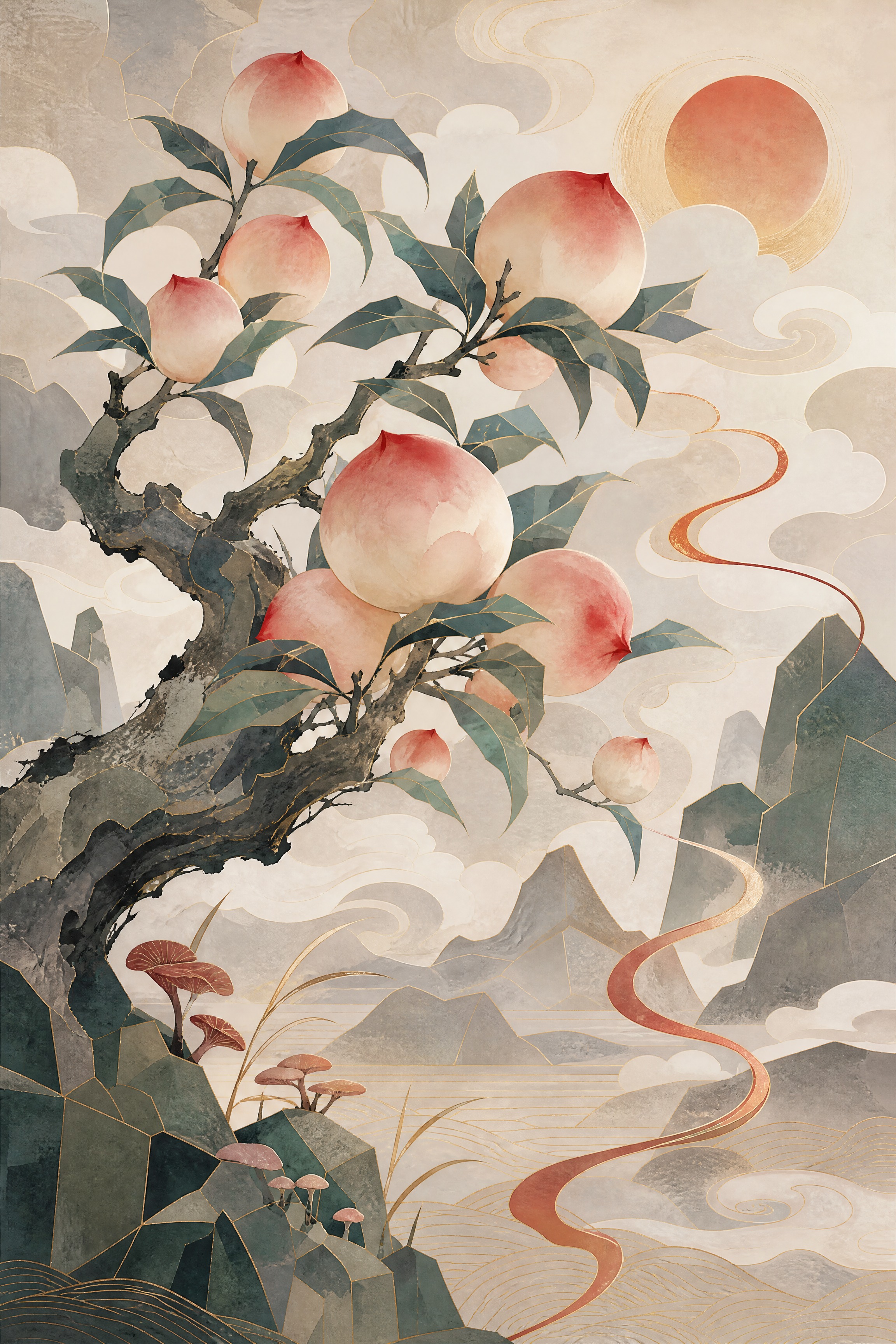 [主图] 现代新中式装饰画，主体：苍劲树枝结满硕大寿桃。 [风… - 图片创意预览