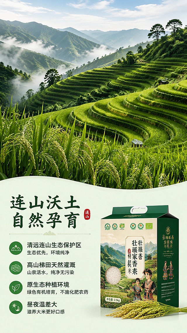 [第4屏] 淘宝天猫详情页产地优势展示屏，介绍壮瑶家香有机米连山种植环境。
[氛围/风格] 自然生态清新风，突出原生态高山梯田种植环境，展现天然有机优势。
[元素布局] 上半部分展示连山高山梯田稻田实景，层叠梯田绿意盎然，占比约60%；下半部分左侧文字介绍产地优势，右侧点缀产品礼盒小图，产品包装与原图保持一致。核心种植环境元素放大占屏，让产地优势直观可见。
[光影质感] 自然日光漫射，整体光影明亮通透，展现稻田生机勃勃的状态。
[配色色系] 全局底色 #f2f9f0，主色稻田自然绿色，辅助色浅米色文字区，深绿色文字。
[视角构图] 上实景下信息的纵向排版，视觉从上到下自然过渡。
[文字版式] 主标题「连山沃土 自然孕育」，采用和首屏一致的书法字体；正文介绍：清远连山生态保护区，高山梯田天然灌溉，原生态种植环境，绿色有机培育，昼夜温差大滋养大米更好口感。文字排版清晰，重点信息加粗高亮，适配手机阅读。
[比例分辨率] 9:16 竖版比例，1080*1920 4K分辨率，文字清晰可辨，高清画质。
[负向提示词] 场景杂乱，文字模糊，产品变形，颜色偏差，水印，极限词。
