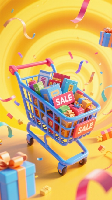 画面中有装满商品、带 “SALE” 标签的蓝色购物车，周围点缀少量彩带、礼盒等元素，背景是黄色渐变的漩涡，俯视预览效果