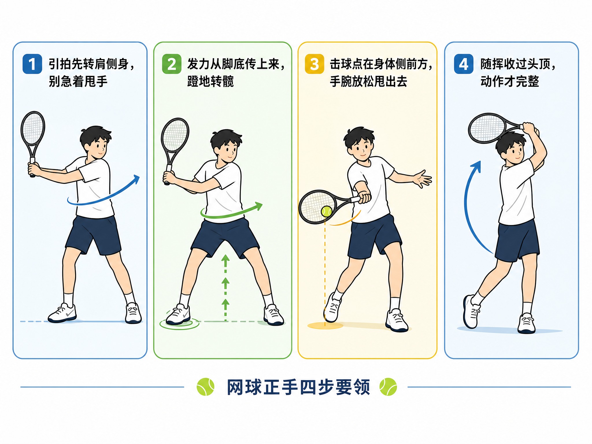 四格网球正手教学漫画，简约扁平风格，线条简洁，配色清爽，一目了… - 图片创意预览