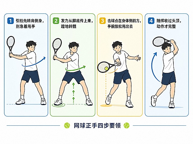 四格网球正手教学漫画，简约扁平风格，线条简洁，配色清爽，一目了然。四格横向排列，每格有编号和简短文字说明。第1格：引拍转肩侧身，人物侧身转肩引拍，标注"1️⃣ 引拍先转肩侧身，别急着甩手"；第2格：蹬地转髋发力，人物蹬地转髋，力量从脚底向上传递的示意线，标注"2️⃣ 发力从脚底传上来，蹬地转髋"；第3格：击球点在身体侧前方，手腕放松甩出去，人物在身体侧前方击球，手腕放松呈甩鞭状，标注"3️⃣ 击球点在身体侧前方，手腕放松甩出去"；第4格：随挥收过头顶，人物随挥动作收拍过头顶，标注"4️⃣ 随挥收过头顶，动作才完整"。整体风格简约现代，人物为简笔画风格，动作清晰易懂，适合教学使用。