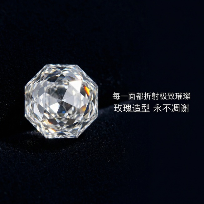 [主图 3] 保持白色玫瑰切钻石裸钻原有产品外观不变，聚焦放大展示钻石切面细节，高贵典雅奢华风格。深色暗调背景，用光影突出钻石刻面的反光和火彩细节，放大展示玫瑰切工的独特纹理和刻面结构。左侧特写钻石，预览效果