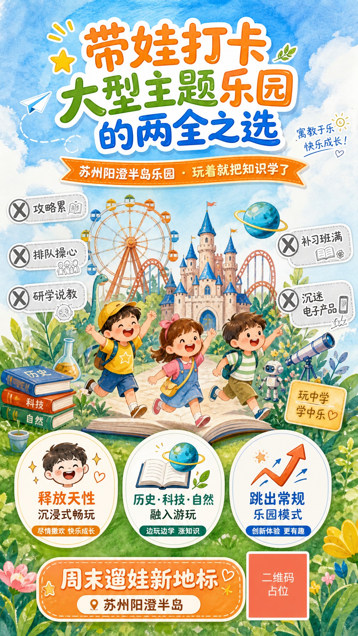 苏州阳澄半岛乐园亲子研学种草长图文封面海报，竖版9:16，手绘… - 图片创意预览