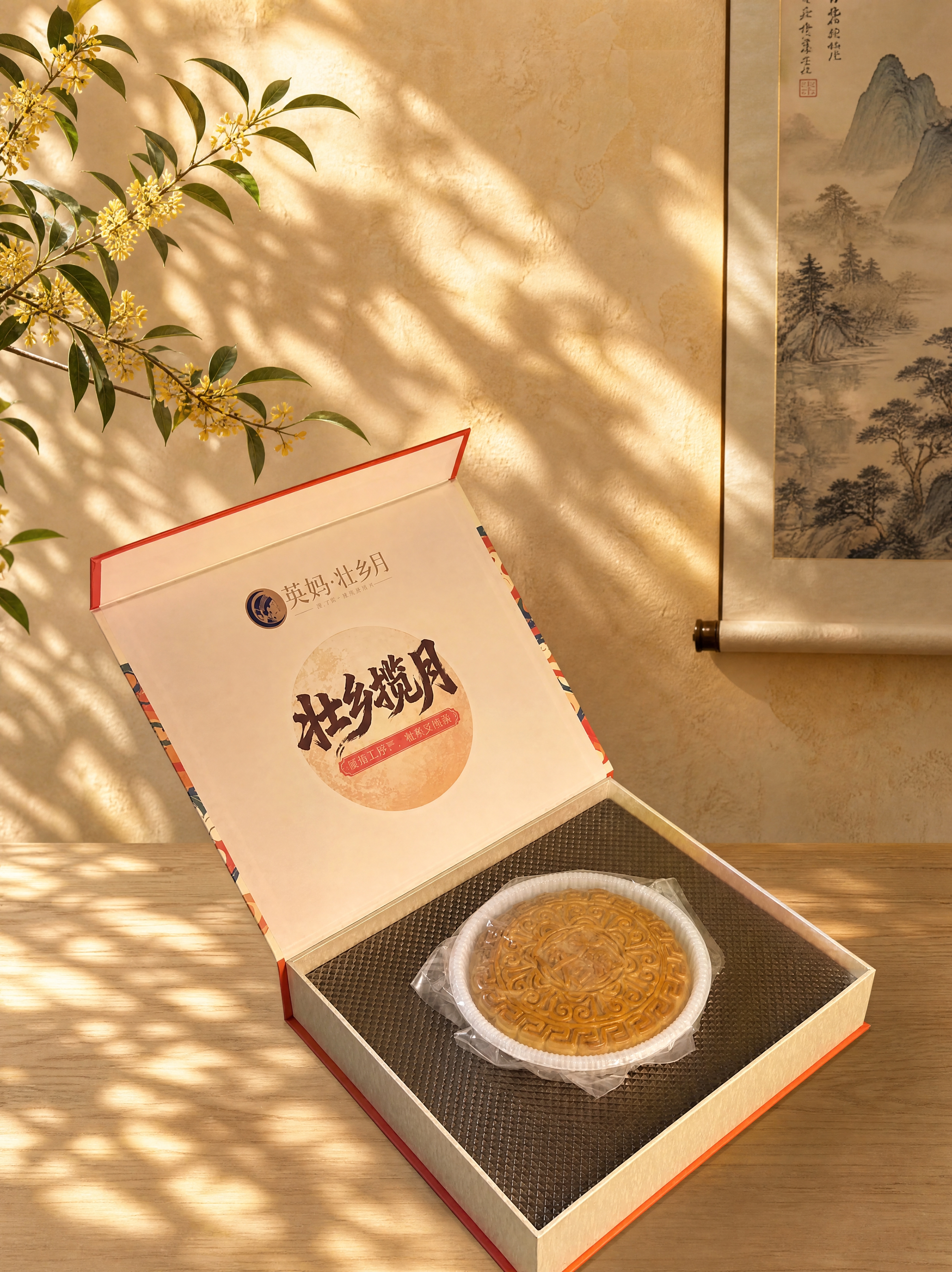 月饼礼盒（打开状态，内含一个大月饼）严格参照上传产品图，完整保… - 图片创意预览