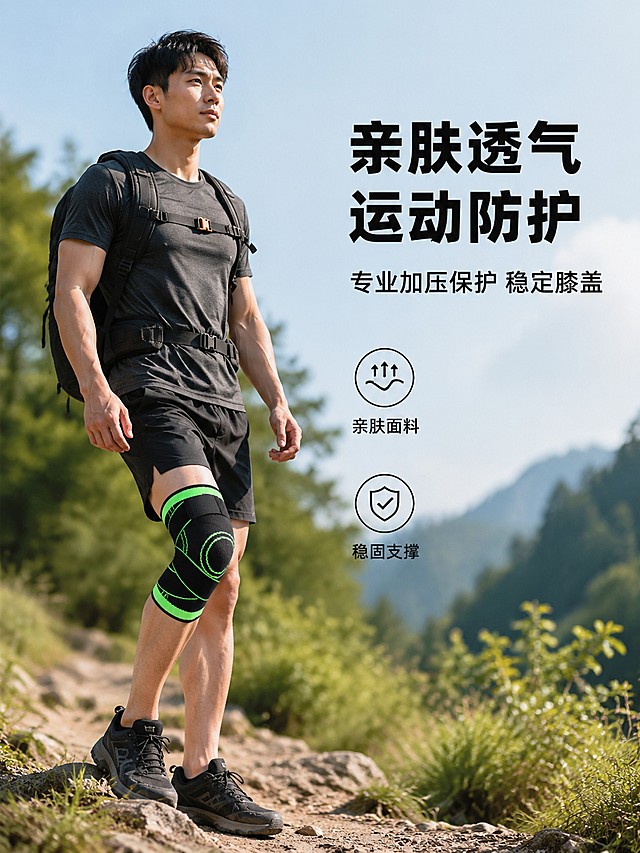 [主图-1] 运动护膝核心卖点首图
[氛围风格] 户外运动山野场景，活力健康风格
[画质] 商业摄影质感、光线通透自然、产品清晰真实、画面干净高级
[元素] 保持运动护膝外观（物理结构、材质质感、颜色）与输入产品图绝对一致，杜绝任何变形和色差，精细化处理。一位年轻亚洲男性模特侧身站立于户外山野徒步道，模特穿着速干运动衣裤，左腿佩戴绿色款运动护膝，模特身体占画面65%左右，画面左侧为模特，右侧预留负空间放置文案，背景为虚化山林树木，自然户外氛围感拉满，商品主体清晰突出
[光影] 自然日光从侧方照射，主光突出产品轮廓，辅光柔和填充阴影，整体光影通透有层次
[配色] 主色调为自然山林绿和产品黑绿色，背景浅景深虚化突出主体，配色和谐活力
[视角构图] 平视四分之三视角，景深适中，模特主体完整不裁切，画面满屏无边框
[文字版式] 右侧负空间左对齐留安全边距，大字主文案“亲肤透气 运动防护”黑色粗体无衬线，字体醒目最大；辅助文案“专业加压保护 稳定膝盖”，约一半大小同字体；下方两个图标卖点模块“亲肤面料”“稳固支撑”竖排排列，不加色块底色，文字清晰不遮挡主体
[比例分辨率] 3:4比例，4k分辨率，文字清晰锐利，超高清
[负向提示词] 变形，文字错乱，产品模糊，背景杂乱，水印，电商平台Logo，绝对化违禁词，手机号，微信，二维码