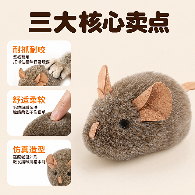 [主图-2] 仿真老鼠造型自动逗猫玩具 核心卖点 耐抓耐咬 舒适柔软 仿真造型。
[统一基调] 拼多多风格 简约大气 大字直白 性价比感 暖灰米白主背景 深棕标题字 橙黄强调色 白色圆角卡片 圆润粗黑体 信息层级清晰。
[画面] 画面左侧竖排三个圆角卖点卡片 右侧主体展示一只仿真老鼠逗猫玩具的侧面大特写 产品占画面约50% 视角为45度侧视 清晰展示毛绒质感和皮质耳朵细节 每个卖点卡片内配有对应小图 第一张卡片内展示猫咪爪子抓挠玩具的特写画面配文字"耐抓耐咬" 第二张卡片内展示手指按压玩具毛绒表面的柔软特写配文字"舒适柔软" 第三张卡片内展示玩具老鼠的正面脸部特写配文字"仿真造型" 背景为浅米色纯色 干净简约。
[光影质感] 柔和影棚光 产品毛绒质感细腻 绒毛根根分明 皮质耳朵有自然光泽 卡片内小图光影统一 整体明亮干净 商业产品摄影质感。
[配色] 主背景浅米色 卖点卡片白色圆角 标题深棕色 图标和强调文字橙黄色 产品灰棕色毛绒保持原色 整体色调统一温暖。
[文字版式] 顶部大标题"三大核心卖点"圆润粗黑体 深棕色 左侧三个卡片竖向排列 每张卡片上方大字卖点词 下方小字补充说明 右侧产品大图 文字全部左对齐 信息层级分明 不遮挡产品。
[输出要求] 1:1正方形 文字清晰可读 产品清晰不变形 无错字 无水印 无平台Logo 画面简约大气。
