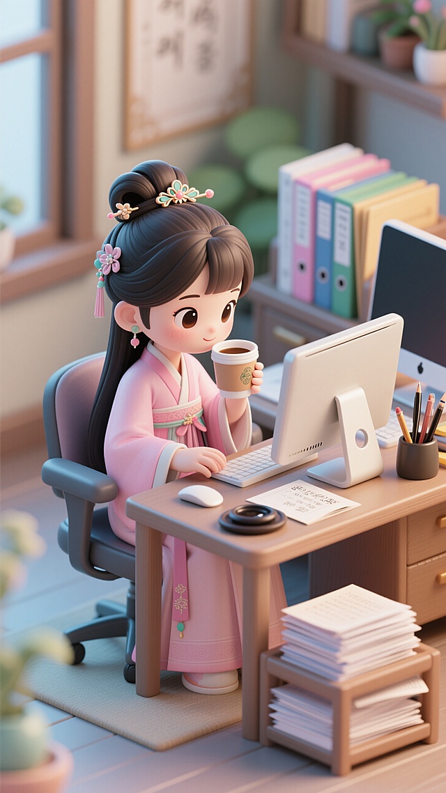 一个古风女孩坐在电脑前喝咖啡工作，旁边有一些文件和办公用品