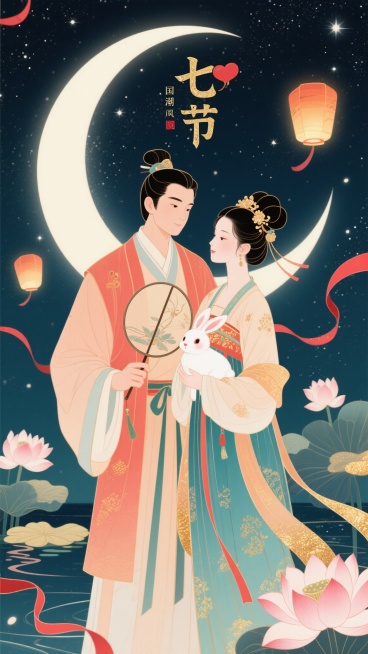 七夕海报，画面中央是一对穿着传统汉服的情侣，男子手持团扇，女子怀抱玉兔，背景是璀璨星空和一轮弯月，周围点缀着漂浮的荷花灯和红色丝带，整体色调浪漫温馨，充满中国传统节日氛围预览效果