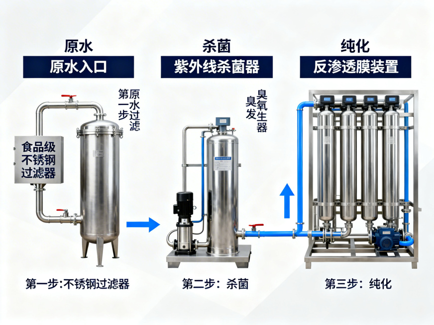 卫生级流体水处理工艺流程示意图，包含原水过滤、杀菌、纯化等环节，所有设备和管道均为食品级不锈钢材质，标注清晰，整体风格专业严谨，适用于工业宣传展示预览效果
