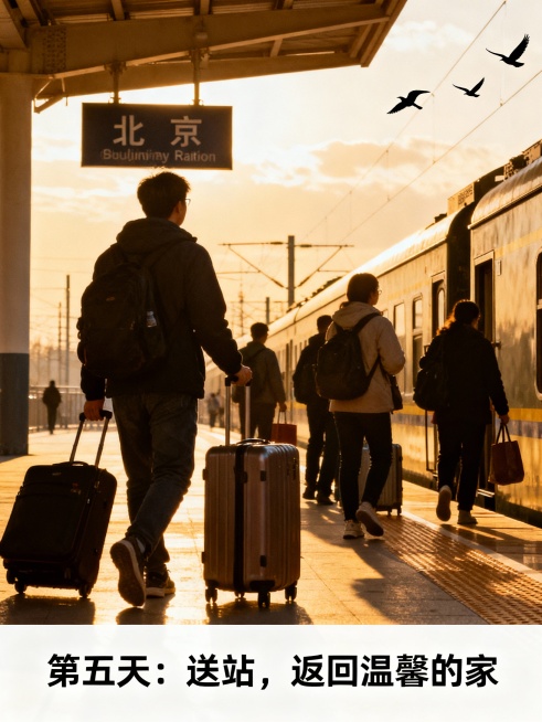 北京五日游行程介绍，第一天接站，入住酒店，第二天，故宫，恭王府，什刹海胡同，第三天，八达岭，奥林匹克公园鸟巢水立方，第四天，颐和园，圆明园，第五天，送站，返回温馨的家。要求做成5张图片，按照每天行程走预览效果