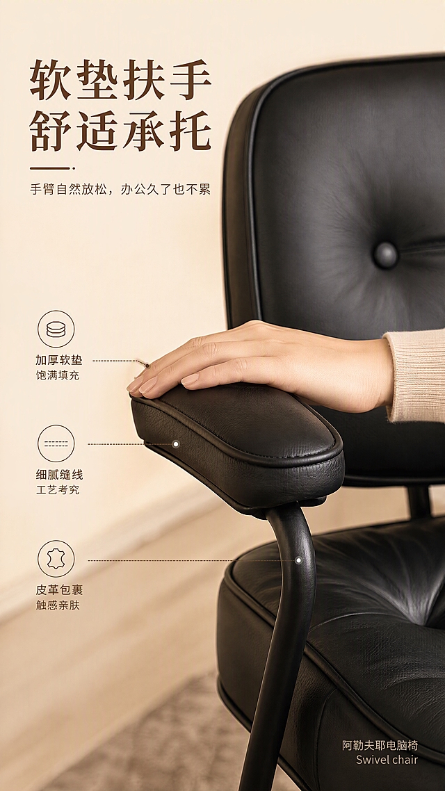 [第15张] 扶手细节页-软垫舒适承托。本张使用【图2】头层牛皮纯黑色升级款作为商品主体。
[氛围/风格] 细节特写品质感，暖调侧光，皮革质感细腻，高级奢华。
[元素布局] 画面主体为椅子扶手特写，展示软垫扶手的饱满度、皮革质感、缝线工艺；一只手轻轻搭在扶手上，展示柔软度和承托感；背景虚化，突出扶手细节；椅子扶手结构、头层牛皮纯黑色、黑色金属支架与输入产品图一致。
[光影质感] 侧上方暖光，扶手皮革表面有柔和高光，缝线清晰可见，手部阴影自然。
[配色色系] 全局底色 #F2E8D9（米杏色）；主色黑色皮革；辅助色深棕文字、黑色金属、米色背景。
[视角构图] 侧面特写视角，扶手为画面中心，手部搭放增加生活感，背景虚化突出主体。
[文字版式] 左上主标题「软垫扶手 舒适承托」大字号，副标题「手臂自然放松，办公久了也不累」；扶手旁标注「加厚软垫 饱满填充」「细腻缝线 工艺考究」「皮革包裹 触感亲肤」三个卖点；右下角「阿勒夫耶电脑椅 Swivel chair」。
[比例分辨率] 9:16 竖版比例，4K分辨率，文字清晰可辨，高清画质。
[负向提示词] 扶手变形，皮革质感失真，手部变形，颜色偏差，水印，文字错乱。