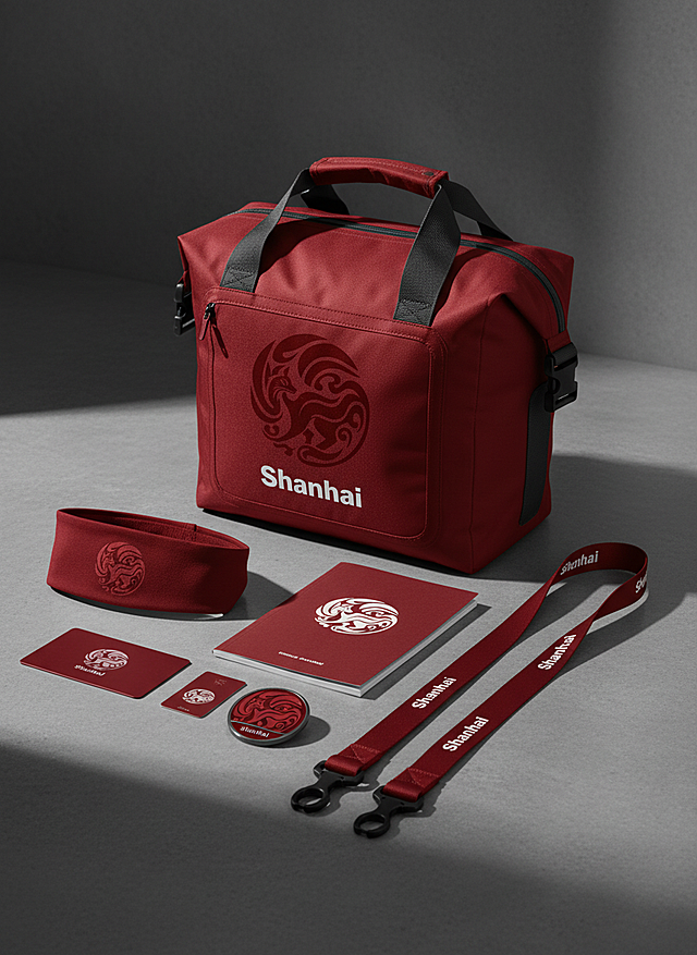 参考这个LOGO，做一套户外运动品牌视觉设计，品牌名称为“Shanhai"，包括包装袋、头巾、手册、金属卡、挂绳、徽章等。深红色视觉主色调，功能主义、坚固耐用的现代风格