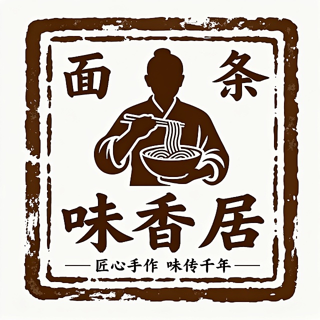 中国传统印章风格LOGO设计，深棕色单色图案，方形印章边框带有自然磨损纹理，内部为手持不同商品（根据关键词替换，如：一碗面条/一笼包子/一块糕点）的人物剪影，上方搭配对应商品的汉字书法字样，下方为品牌名称（根据关键词替换）的书法字体，底部辅以品牌Slogan的简洁小字，整体构图对称平衡，具有浓厚的传统手工艺质感与文化底蕴，纯色背景。