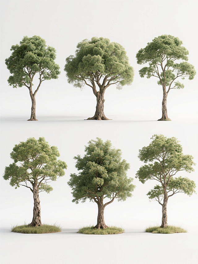 超写实风格的六棵不同品种、不同样式、不同外观的树木，每棵树均保留清晰的树皮纹理、自然舒展的枝干和层次分明的茂密绿叶，树根处带有自然的草丛，整体排列整齐，统一以纯白色为背景，光影柔和自然，呈现出高品质摄影级的清晰细节和立体感。