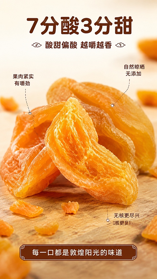 [第3屏] 口感质地特写-杏条果肉微距展示。本屏使用【图2】作为商品主体，聚焦杏条质地细节。
[氛围/风格] 食欲微距风，高清细节，商业美食摄影质感，诱人真实。
[元素布局] 画面中央堆叠3-5根杏条，占比约70%，其中一根被掰开露出内部果肉纤维纹理；杏条表面有自然糖霜结晶颗粒，橙黄渐变色泽；背景为浅米色虚化，底部有木质纹理台面；散落少量杏干碎块增加层次；杏条颜色、形状、纹理与输入产品图一致。
[光影质感] 侧上方柔光打光，突出果肉纤维纹理和糖霜光泽，底部有柔和阴影，立体感强，质感真实。
[配色色系] 全局底色 #FEF9E7（浅米黄）；主色 #E67E22（杏橙色）；辅助色 #D4AC0D（金棕色）、#784212（深棕文字）。
[视角构图] 45°斜侧微距视角，聚焦果肉质地，阅读动线上方标题 → 中央特写 → 下方口感描述。
[文字版式] 顶部居中主标题「7分酸3分甜」，副标题「酸甜偏酸 越嚼越香」，圆润黑体字；画面左右两侧引线标注：「果肉紧实有嚼劲」「自然晾晒无添加」「无核更尽兴」；底部横条：「每一口都是敦煌阳光的味道」；文字不遮挡主体杏条。
[比例分辨率] 9:16 竖版比例，4K分辨率，文字清晰可辨，高清画质。
[负向提示词] 变形，颜色偏差，纹理模糊，水印，文字错乱，背景杂乱，果肉质感失真。