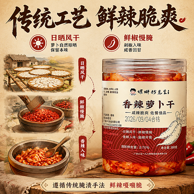 [主图-2] 核心亮点 工艺溯源 信任背书
[统一基调] 暖调国风食欲感 背景主色暖棕红渐变 标题字色米白加粗 辅助字色浅金 强调色朱红 主标题粗笔刷书法字 辅助文案清爽黑体 卡片圆角半透明 整体专业品质 淘宝天猫风格
[画面] 画面中央偏右放置一罐香辣萝卜干 罐体正面展示完整标签 左侧为工艺场景插画风格展示 上方是白萝卜在竹匾上日晒风干的场景 新鲜白萝卜切片铺在竹筛上 阳光下晾晒 下方是鲜辣椒剁碎与萝卜干混合腌制的陶缸场景 用虚线箭头连接 日晒风干 → 鲜椒慢腌 → 香辣入味 体现传统工艺 背景为暖米色带细微纹理 产品占画面45% 工艺场景占左侧40%
[光影质感] 商业摄影与插画结合 产品部分真实摄影质感 暖光均匀 工艺场景手绘国风插画风格 柔和自然
[配色] 背景暖米色 产品红油橙红 插画部分暖棕土黄 文字深棕朱红 整体温暖传统
[文字版式] 顶部主标题 传统工艺 鲜辣脆爽 粗笔刷书法字 深棕色 下方左右分两组 每组图标加文字 左侧 日晒风干 萝卜自然晾晒 保留本味 右侧 鲜椒慢腌 剁椒入味 咸香回甘 底部一行小字 遵循传统腌渍手法 鲜辣嘎嘣脆
[输出要求] 1:1正方形 2048px 文字清晰可读 产品标签完整 禁止变形错字模糊杂乱水印平台Logo 禁止绝对化用语