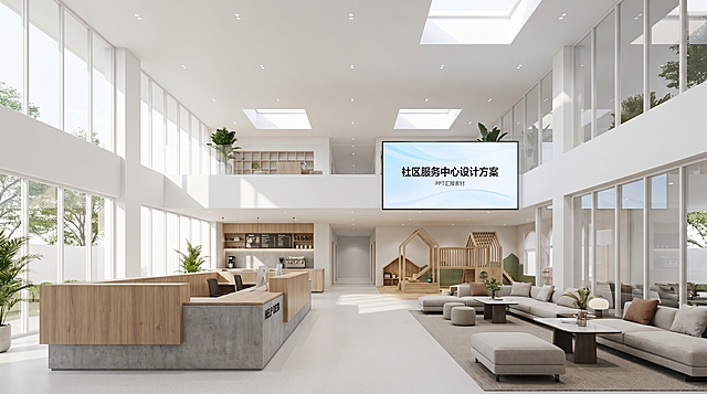 生成社区服务中心室内全景效果图、前台接待区效果图、功能分区布局图、灯光软装效果图，用于设计展示与PPT汇报素