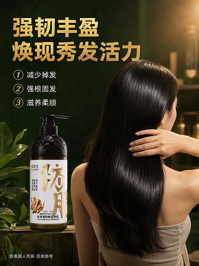 [商品] 使用用户上传的优资堂防脱洗发乳产品图（正装大瓶）；保留所有包装外观、颜色、Logo和文字信息。
[画面] 页面目标：真人效果展示，呈现使用后发丝强韧丰盈的状态，增强说服力。半身氛围型构图：画面右侧为亚洲女性模特背影/侧后景，展示一头浓密有光泽的黑色长发，发丝健康顺滑，模特手轻轻抚过发丝，呈现使用后的良好状态；模特约占画面60%。画面左下角放置产品正装瓶，产品占画面约25%，与模特自然融合。背景为深墨绿色渐变，有柔和暖光从右上方打来，营造温馨高级的浴室氛围。
[视觉] 套系策略：风格=高级植萃洗护商业摄影风；标题字=粗旷非衬线粗体烫金质感；正文字=简洁非衬线体米白色；主色=深墨绿；背景延展=基于深墨绿做深浅渐变、同色层次和细腻植物叶脉暗纹质感；强调色=生姜暖金色，仅用于标题、图标、引线和标签小面积点缀；标题色=烫金质感；正文色=米白色；组件=圆角细线金边信息卡、细金色引线图标；光影=右后侧暖柔光，发丝有自然光泽和层次感，产品光影与人物环境统一。
[文字] 左上角主标题"强韧丰盈 焕现秀发活力"大号烫金粗体；主标题下方3条编号卖点："1 减少掉发 2 强根固发 3 滋养柔顺"，米白色文字配金色编号。底部小字标注"效果因人而异 仅供参考"。所有文字横排，不遮挡模特和产品主体。
[规格] 图片比例3:4竖版，4K分辨率，避免变形、错字、人物面部扭曲、夸大效果、医疗承诺、产品颜色改变。