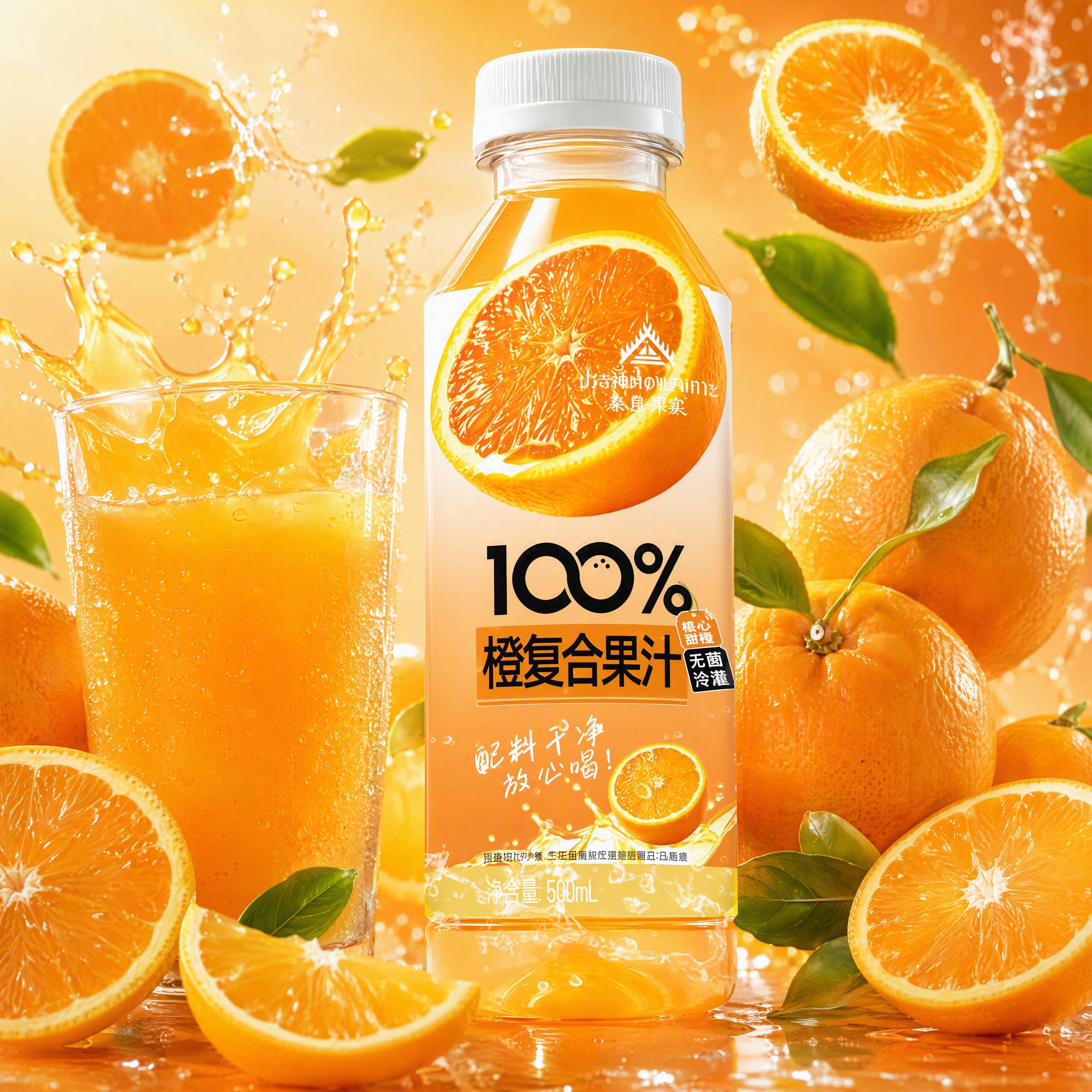 超写实商业产品摄影。 主体：橙复合果汁饮料瓶严格参照上传产品图… - 图片创意预览