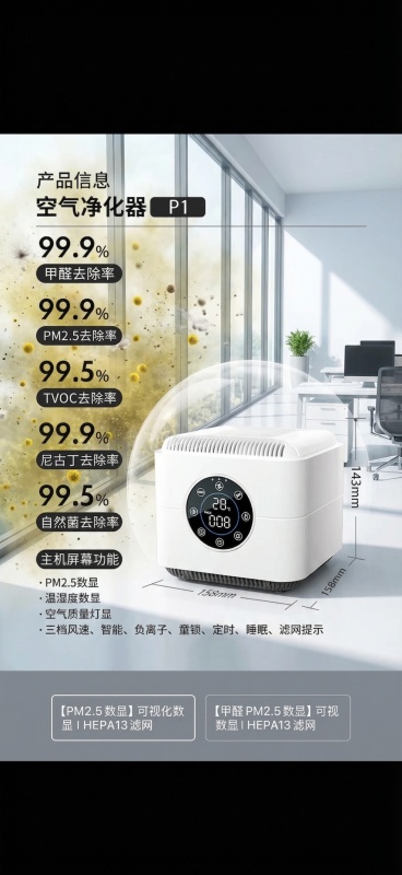 保留P1空气净化器所有产品信息不变，删除价格信息，更换产品背景为现代室内办公室，展现户外有飞絮花粉、空气净化器在室内阻挡花粉入侵、维持洁净清新空气质量的净化效果预览效果