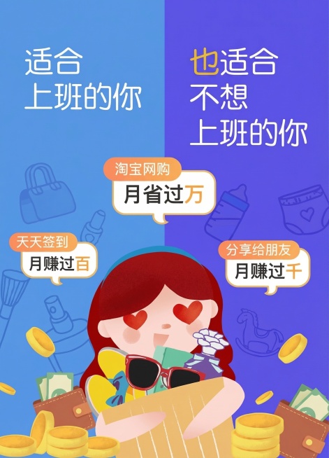 参考图风格的网购省钱返利推广海报，左右分蓝紫双色背景，左半部分写文字"适合上班的你"，右半部分写文字"也适合不想上班的你"，下方有三个对话框，分别是："天天签到 月赚过百"、"淘宝网购 月省过万"、"预览效果