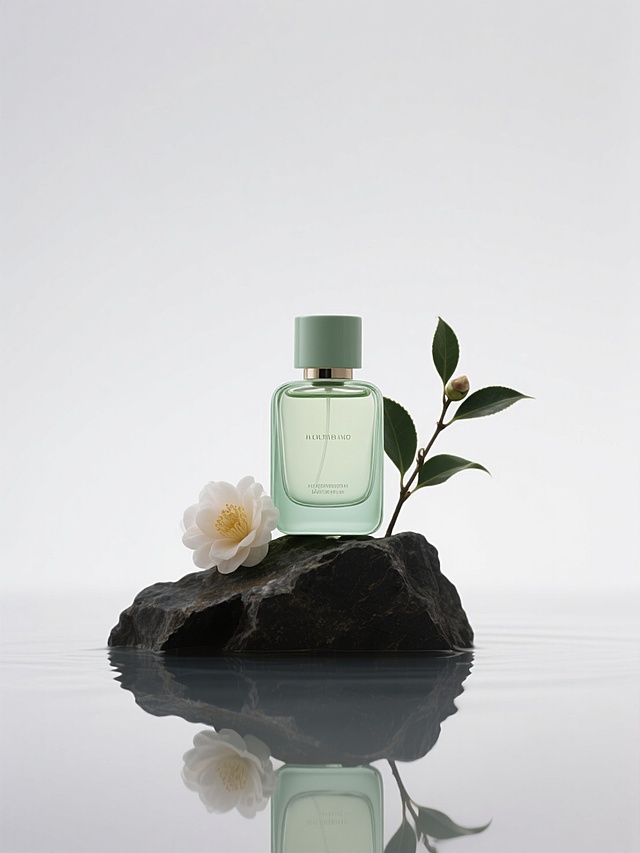 特写浅绿色香水瓶，置于深色山石上，搭配自然枝叶、山茶花点缀，用光影突出瓶身质感，呈现水面倒影，白色背景