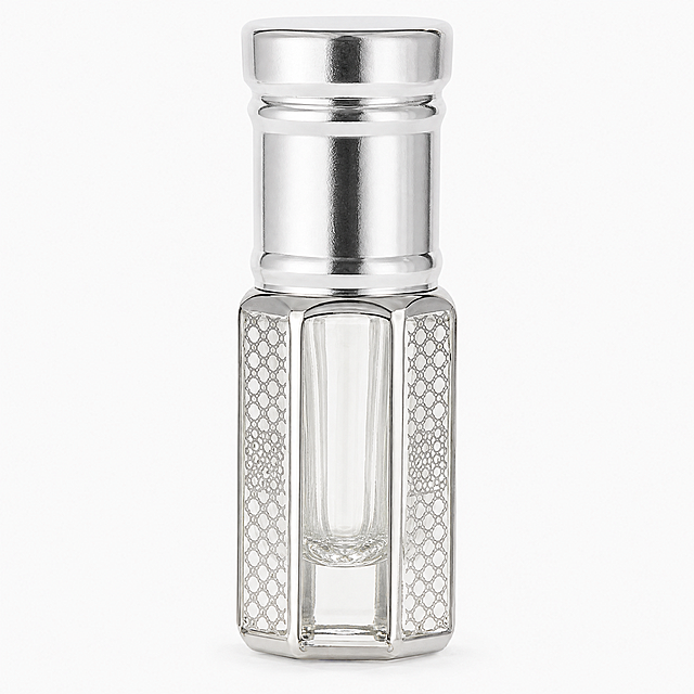 [Main Image] Silver cap Middle Eastern glass rollerball perfume bottle. [Atmosphere Style] High-end minimalist style, light and bright. [Quality] Commercial photography texture, soft and transparent light, clear and real product, clean and advanced picture. [Elements] Keep the product appearance (physical structure, material texture, silver color) exactly the same as the input product image, eliminate any deformation and color difference, fine processing. Remove the hand, only retain the glass perfume bottle, the product is centered, the product主体占比 85%+; the background is a uniform light off-white, conforming to Amazon cross-border platform main image regulations, no extra text, no border, no other props. [Light and Shadow] Soft natural side light, light bright and even, highlight the transparent texture of glass, highlight the metallic luster of the silver bottle cap, high light is not overflow, dark part has level, no cheap HDR. [Color Matching] Main color light off-white, auxiliary color product original silver transparent. [Perspective Composition] Head-up perspective, the product is centered and full, the picture is full screen without border. [Proportion Resolution] 1:1 proportion, 4k resolution, super high definition. [Negative prompt] Deformation, watermark, text disorder, blurred product image, messy background.