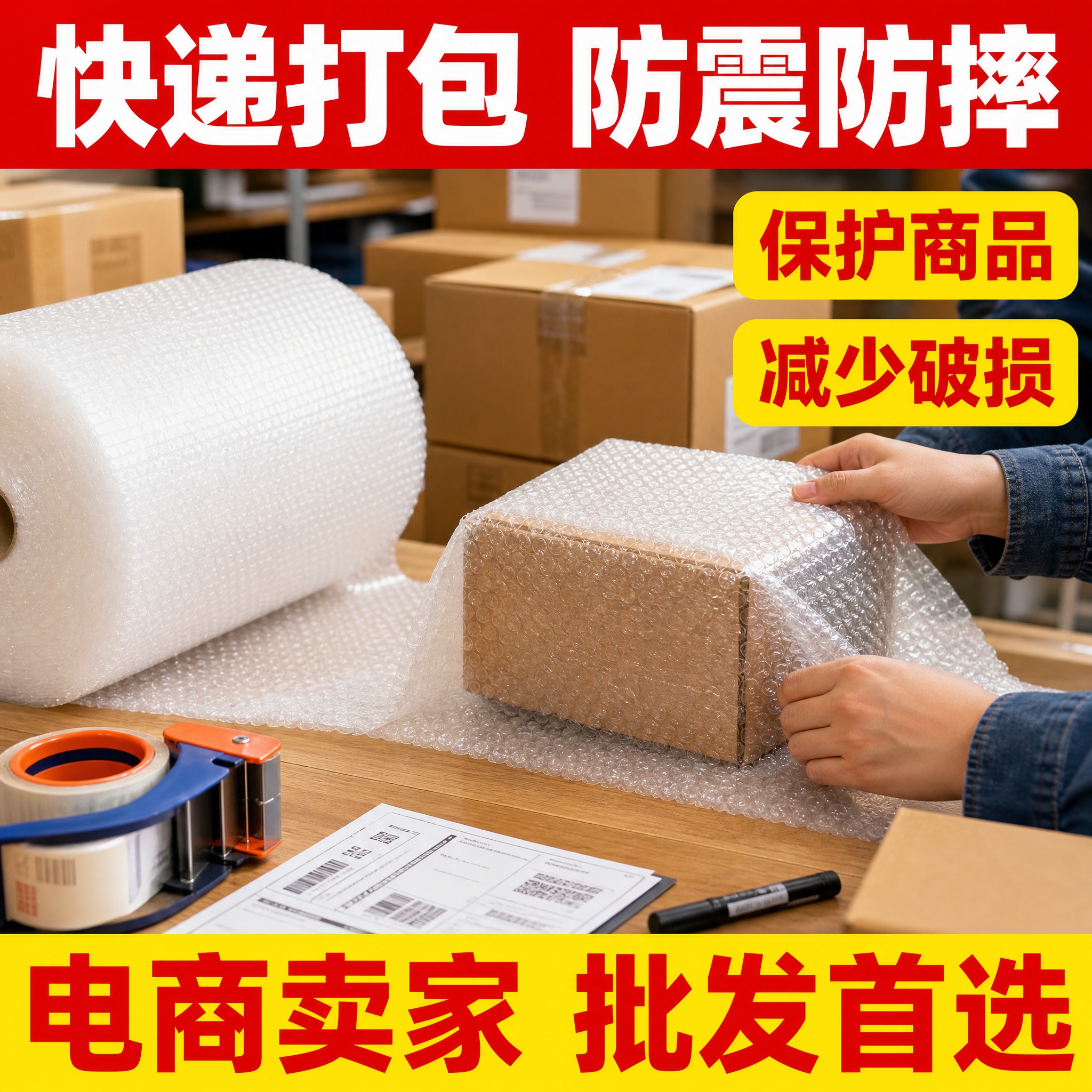 [主图-5] 使用场景图，核心任务：展示气泡膜用于快递打包发货… - 图片创意预览