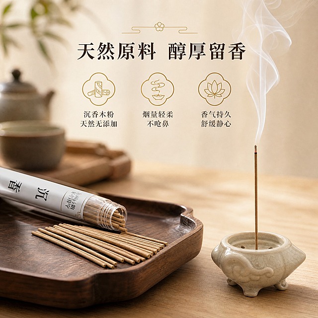 [主图-2] 材质细节与香气卖点展示，沉香原料与使用体验图。
[统一基调] 新中式禅意风格，简洁稳重品质感；背景主色为浅木色+米白暖调，标题字色深棕近黑，辅助字色暖灰，强调色为赭石金；字体为简洁宋体/衬线体，字号层级分明，卡片与图标采用细金线描边中式纹样，整体文字占比小于30%。
[画面] 画面左侧为打开的玻璃管，倒出数根浅棕色线香整齐摆放在深棕色木质托盘上，特写展示线香的细腻纹理与均匀色泽；右侧一只小巧陶瓷香炉中正点燃一根线香，升起一缕轻柔细长的白烟，烟雾袅袅向上飘散；背景为同系列浅木色桌面与虚化的中式茶具。产品玻璃管外观与输入图一致，线香颜色质地与原图匹配。画面右侧或下方用三个中式小图标配合短文案展示核心卖点，图标为细线描金风格。
[光影质感] 柔和暖光从侧上方照射，线香纹理清晰，烟雾有通透感与层次感，木质托盘有自然木纹反光，整体静谧高级。
[配色] 深棕木色托盘+浅米色背景+白色烟雾+赭石金点缀，文字深棕色，整体暖调统一。
[文字版式] 上方主标题"天然原料 醇厚留香"，下方三个卖点图标加文字："沉香木粉 天然无添加" "烟量轻柔 不呛鼻" "香气持久 舒缓静心"；文字横排，放在画面负空间，不遮挡产品与烟雾主体。
[输出要求] 1:1正方形，2048x2048，线香细节清晰，烟雾自然真实，文字清晰；禁止变形、错字、模糊、杂乱、水印、平台Logo、夸张功效宣传。