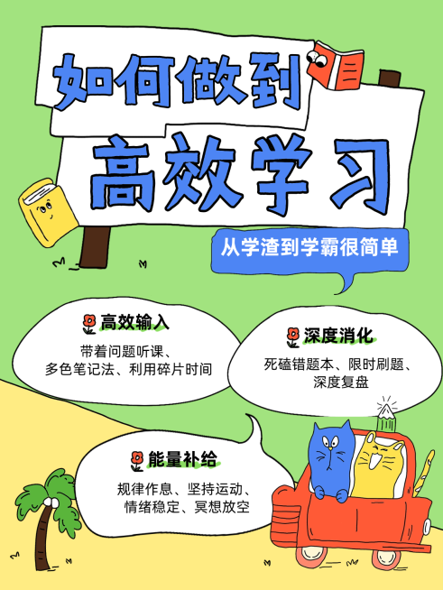 如何高效学习方法分享插画风小红书封面预览效果